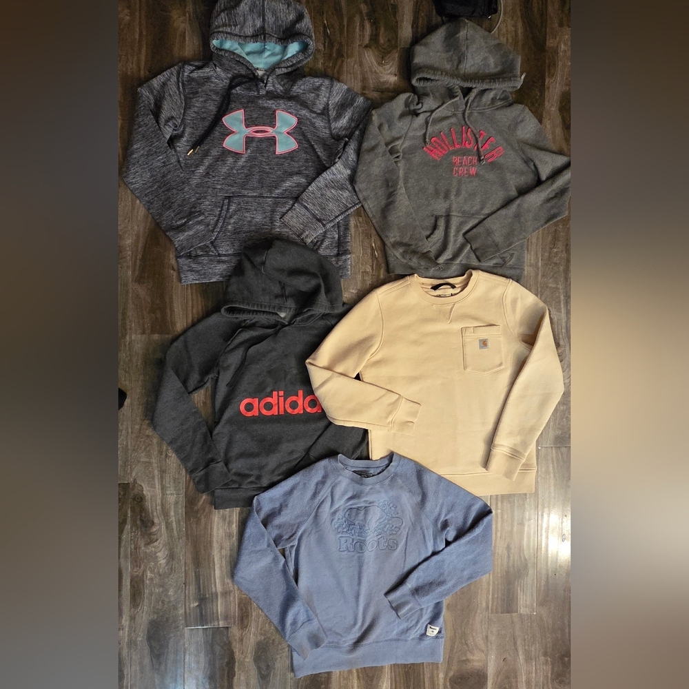 Asortive Sweatshirts And Hoodies. Brands Include UA, Hollister, Adidas, Carhart